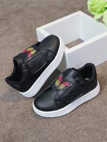 1 Pair Girls Boys Versatile Hook And Loop Comfortable Breathable White Sneakers With Colorful Powder Decoration Patchwork Fashion Flat Shoes Campus Student Casual Style Baby Shoes Running Sports Shoes - Black - View 8