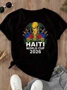 Women's Stylish Haiti World Cup Theme T-Shirt, Short Sleeve Round Neck Cotton Top With Slight Stretch Women's Fun Printed Cotton T-Shirt Haiti World Cup 2026 Soccer Trophy Design Football Fanwear Casual Street Style S To 2XL Light And Not Stuffy Suitable For All Seasons Suitable For Daily Leisure Street Wear And Other Scenes.  250th Anniversary Vacation T-Shirt,Summer Outfits For Women,Spring Clothes,Conjunto De Mujeres Elegantes,Camisetas Summer Y2K Style Outfits - 黑色 - 查看 3