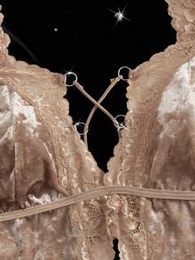 纯色蕾丝拼接天鹅绒性感睡裙，深V露背开衩睡衣，女士舒适性感睡衣，情人节礼物 - 香檳色 - 查看 5