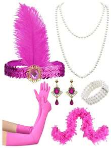 6件套1920年代复古女郎派对服装配饰 - 复古发箍、耳环、仿珍珠项链、仿羽毛围巾、手套 - 适合派对、1920年代主题角色扮演、化装舞会、正式晚宴、新年派对和情人节 - 彩色 - 查看 8