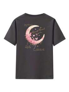 Camiseta larga casual negra para mujeres con estampado de letras de luna y estrellas, cuello redondo, manga corta para primavera y verano, camiseta de moda de primavera, diseño, textura suave, estilo de ropa urbana, camiseta larga, tela ligera, camiseta básica, para mujeres - Negro - Ver 3