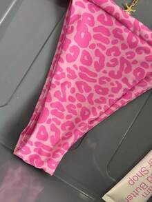 豹纹露背文胸扭结比基尼套装，适合度假 - 玫紅色 - 查看 5