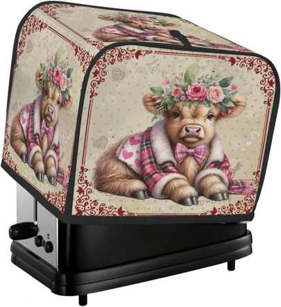 Valentine Day Highland Cow Toaster Cover 4 Slice Dust And Fingerprint Protection Toaster Bread Maker Covers Washable Kitchen Small Appliance Covers For Kitchen Accessories Decor Bakeware Women Gift