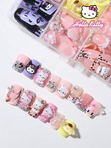 SANRIO 288片/套（12种混合）短方形3D凝胶豹纹法式贴片，贴合短指甲，饰有可爱星星、爱心、蝴蝶结仿珍珠和水钻，粉色少女风，完美贴合假指甲套装，适合女性和女孩日常及派对使用。 - 彩色 - 查看 5