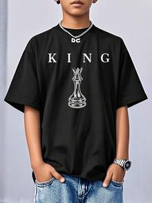 Short-Sleeved T-Shirt With Round Neck And Casual Graphic Print For Children And Teenagers, Summer Top - 黑色 - 查看 2