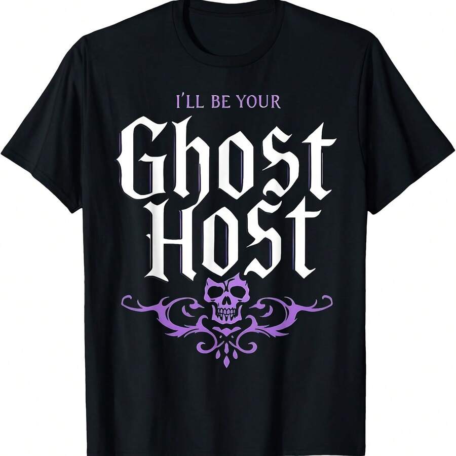 Camiseta con ambiente de Halloween de calavera de la mansión embrujada "Seré tu anfitrión fantasma" - Negro 5 - Ver 1