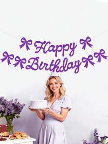 闪光“生日快乐”拉旗，紫色蝴蝶结生日横幅，生日派对装饰拉旗，蝴蝶结生日主题拉旗，蝴蝶结生日派对装饰 - 紫色 - 查看 2