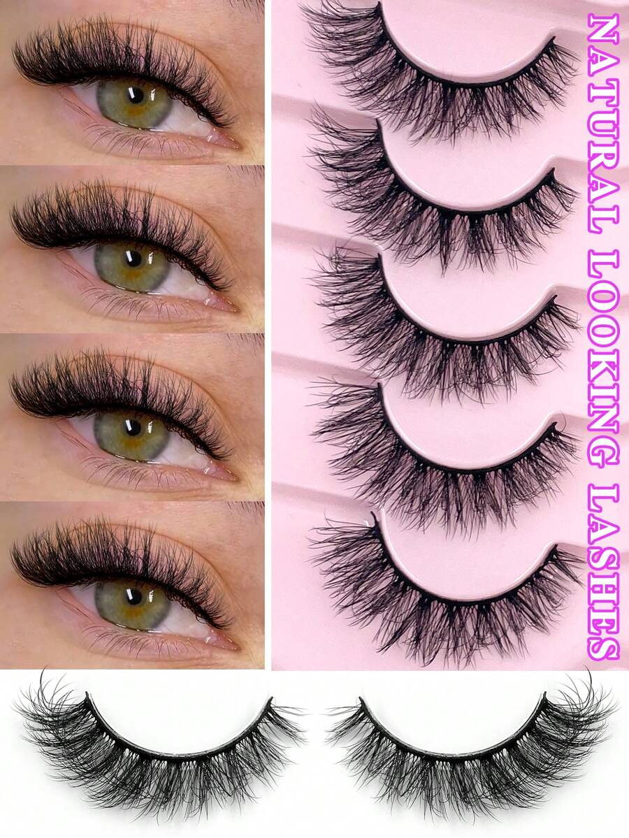 ENCHUW 5 Pairs Of Natural False Eyelashes Natural Look Soft And Fluffy Eyelashes 3D Curling DIY At Home Suitable For Daily Outings, Dates, And Party Use - Black - View 1