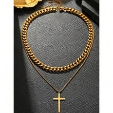 VJS 男士两件套金链套装，链+十字架吊坠项链，嘻哈街头风饰品 - 彩色 - 查看 8