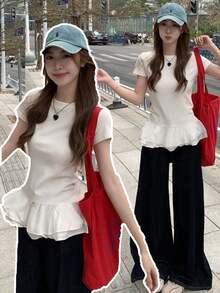 荷叶边圆领短袖T恤，修身夏季上衣 - 白色 - 查看 1