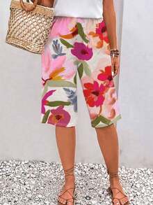 时尚轻盈优雅印花休闲度假百搭修身衬衫，适合户外、居家、旅行和工作场合，女士夏季新款印花休闲艺术度假风沙滩短裤 - 花色 - 查看 4