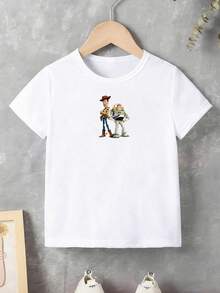 Disney Playful Style Toy Story Tee Buzz Lightyear & Woody Print Boys Casual Versatile Short Sleeve Top - 白色 - 查看 6