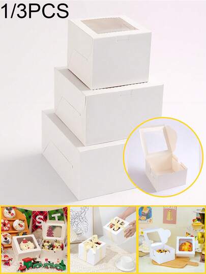 1/3pcs White Cake Boxes With Window, 3 Sizes: 6inch/8inch/10inch, Bakery Boxes Takeout Boxes, Large White Cardboard Takeout Boxes With Lids, Suitable For Candy, Chocolate, Cookies, Donuts, Pizza, Pastries, Desserts, Strawberries, Macarons, Cupcakes, Pies, Truffles, Etc.