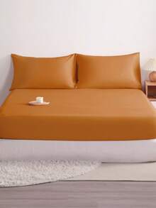 3pcs Solid Color Fitted Sheet Set  With 1pc Fitted Sheet+2pcs Pillow Case Without Filler, Modern Soft Bedding Set For Household Sheet Deep Pocket Up To 15 Inch - 淡橙色 - 查看 1