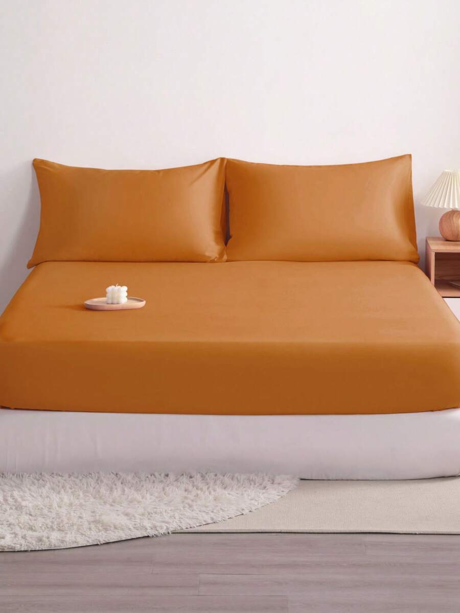 3pcs Solid Color Fitted Sheet Set With 1pc Fitted Sheet+2pcs Pillow Case Without Filler, Modern Soft Bedding Set For Household Sheet Deep Pocket Up To 15 Inch - 淡橙色 - 查看 1