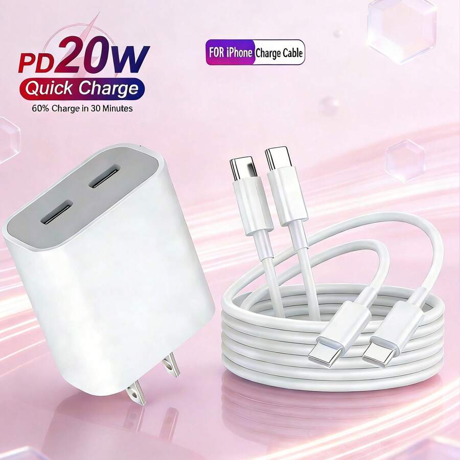 20W USB-C 墙式充电器 + 100cm USB-C 转 USB-C 快速充电线套装，高效快速充电和数据传输，兼容 17 Pro Max/17 Pro/Air/17、16 Pro Max/16 Pro/16 Plus/16、15 Pro Max/15 Pro/15 Plus/15 及其他设备 - 白色 - 查看 1