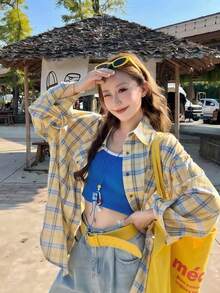 女士休闲宽松黄色格子衬衫，饰有心形贴花，春夏款 - 黃色 - 查看 1