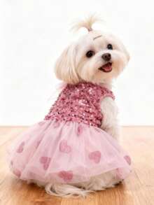 LUCKIE LABO 1pc Bling Bling Sequin Heart & Rose Floral Pattern Pet Dress, Comfortable & Breathable, Suitable For Small Dogs & Cats, Wedding, Valentine's Day, Birthday Party - Pink - View 10