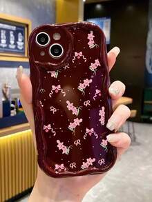 百合花卉奶油色波浪边酒红色简约防震加厚手机保护壳，兼容 17/17 Pro/17 Pro Max、16 XR/7/8、15 Pro Max、12 Pro Max、13 Pro Max、14 Pro Max、13、14、11、12P、14、P11 软壳、P12 防震、XS、XR、7/8P、7/8 GES2 - 彩色 - 查看 4