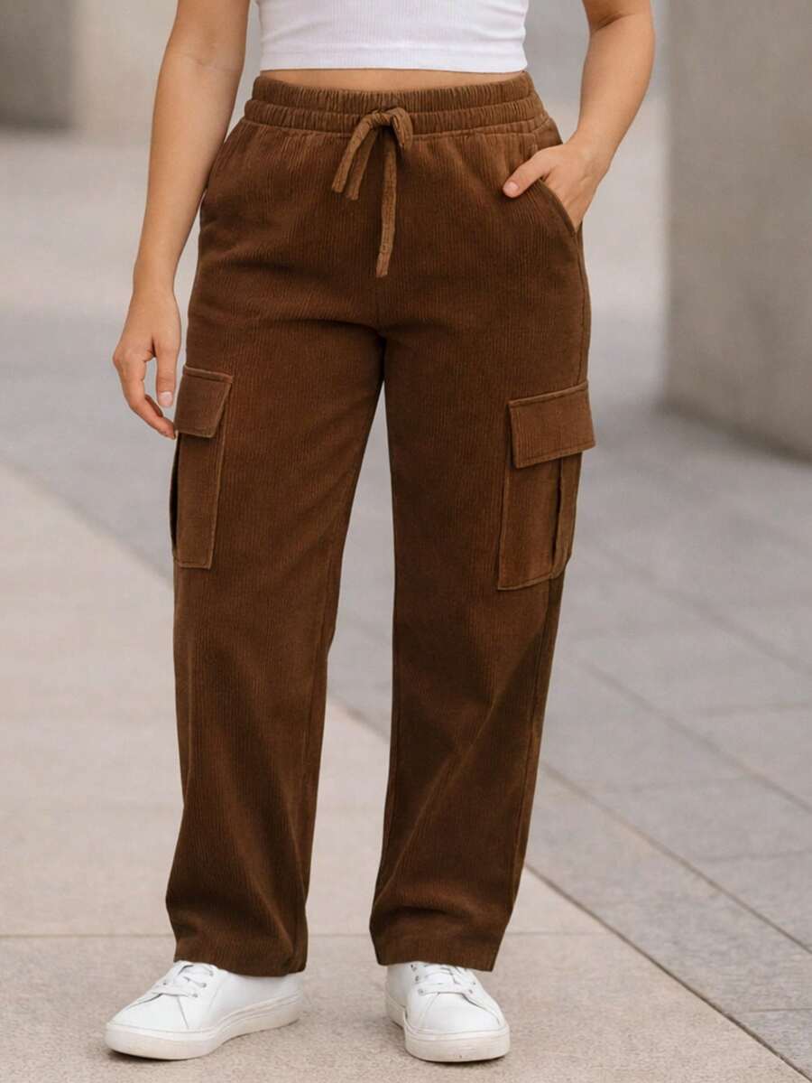 Pantalón Cargo Mujer de Pana con Cintura Elástica y Bolsillos Laterales - Tabaco - Ver 1