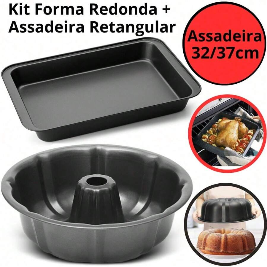 Set Of 2 Non-Stick Baking Pans (32 Or 37cm) + 24cm  Cake Pan (Carbon Steel) - 1 chảo tròn 24cm + 1 chảo chữ nhật 32cm - Xem 1