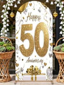 Personalized Elastic Arch Decor Cover, Gold 50th Anniversary Celebration Arch Background Cover, 2D Flat Printing - Polyester Fabric, Easy To Set Up, Suitable For Ceremonies, Photography, Banquets And Anniversaries, Home Decor, Holiday Decorations And Outdoor Party Props - Multicolor - View 4