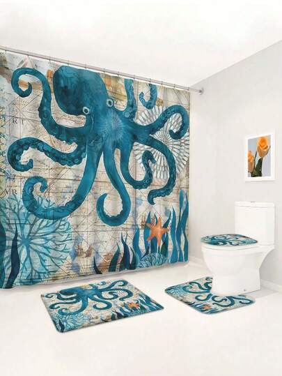1/4 Pcs Green Octopus Print Waterproof Bathroom Curtain, Ocean Element Decor Hanging Tapestry, Non-Slip Bath Mat, Toilet U-Shaped Pad, Modern Home Bathroom Decoration, Waterproof Polyester Fabric, Machine Washable, Suitable For Hotel, Apartment, Home, Gift