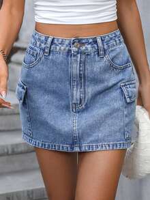 Chân váy denim túi hông Viva La Moda: Phong cách thường ngày, đa năng, thời trang, dễ thương, thanh lịch, gợi cảm. Thích hợp cho tiệc tùng/lễ hội/hàng ngày/sinh nhật/đi học/độc thân/du lịch/sân bay. Mùa xuân/hè. - Màu xanh lam - Xem 3