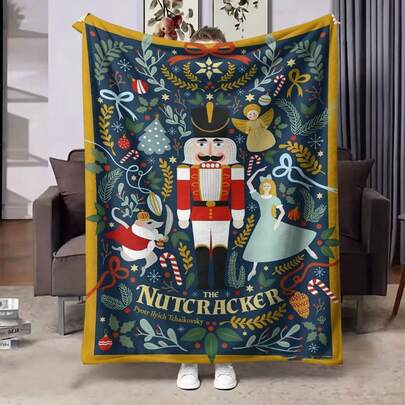 胡桃夹子主题羊毛毯 - 柴可夫斯基《圣诞故事》糖梅仙子之舞图案，柔软舒适，适用于沙发、床、办公室、旅行 - 适合感恩节、万圣节、圣诞节和冬季的季节性装饰 - 优雅礼物，不含羽毛，涤纶材质