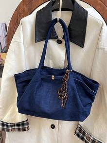 Dedoo 1 chiếc túi xách tay giả da lộn (kèm phụ kiện), dung tích lớn, màu trơn, kiểu dáng thanh lịch dành cho nữ, túi công sở phong cách retro phù hợp cho nữ sinh, phụ nữ, sinh viên và người đi làm. - Xanh đậm - Xem 3