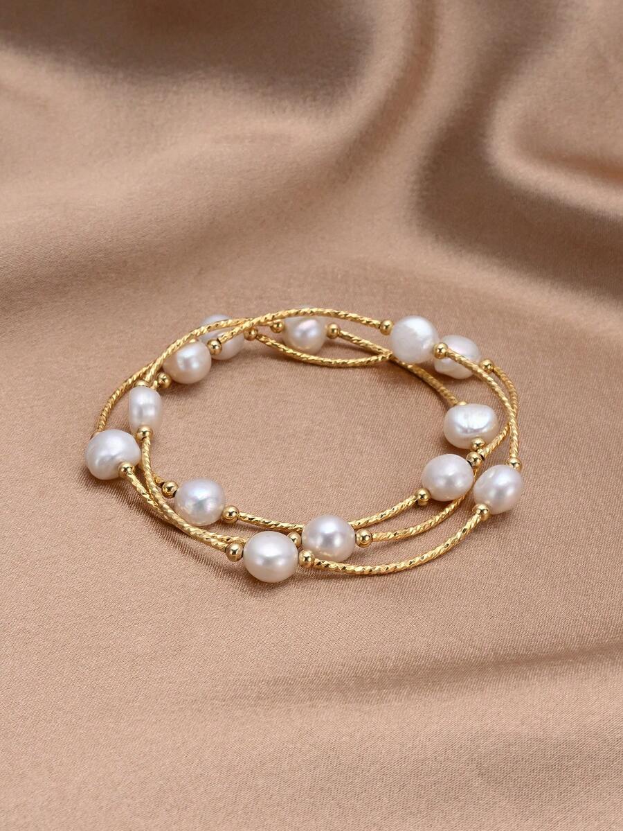 1pc 18K Gold Plated Natural Pearl Elastic Cord Multi-Layer Bracelet, Gift For Mother's Day, Valentine's Day, Birthday, Wedding, Engagement, Bride - White - View 1