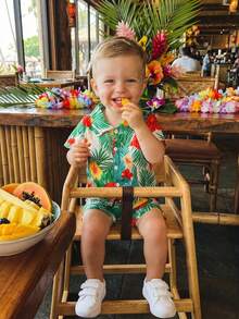 Toddler Baby Boy Hawaiian Outfits Summer Beach Coconut Tree/Palm Leaf Button Down Shirt And Shorts Vacation Clothes - 綠色 - 查看 5