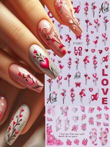 2PCS Red Pink Heart Flowers Nail Stickers Elegant Heart-Shaped Vines Decals Valentines's Day Nail Art Designs Self Adhesive 3D Manicure Accessories Nail Art Decoration For Women Girl - 玫紅色 - 查看 1