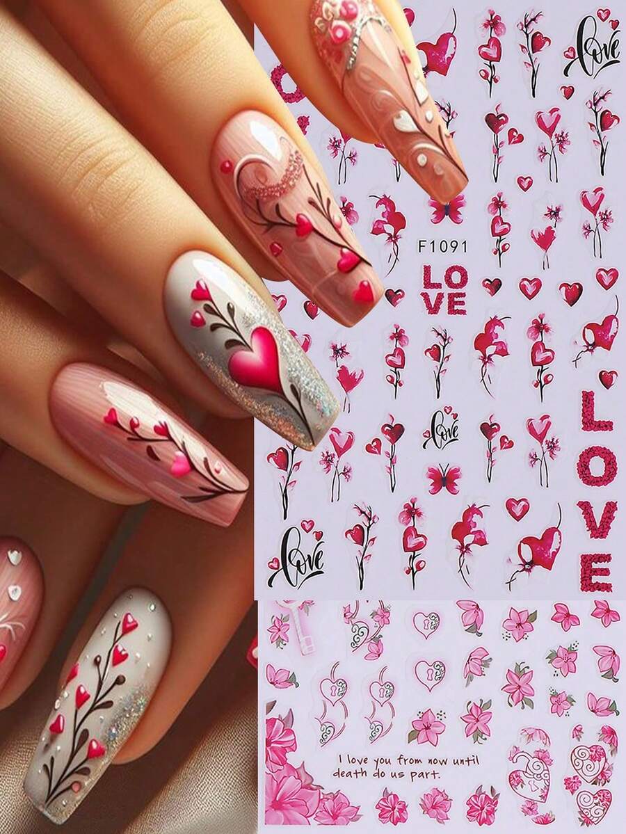2PCS Red Pink Heart Flowers Nail Stickers Elegant Heart-Shaped Vines Decals Valentines's Day Nail Art Designs Self Adhesive 3D Manicure Accessories Nail Art Decoration For Women Girl - 玫紅色 - 查看 1