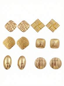 6/4/3/1对不锈钢几何方形条纹耳钉婚礼条纹圆形纽扣耳环简约设计防水防褪色金色椭圆形耳环欧美ins风女士春季首饰 - 彩色 - 查看 3