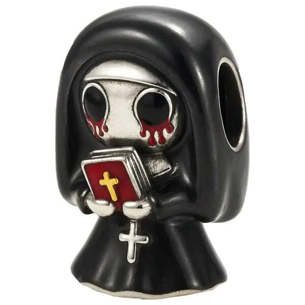 Charm gótico plateado S925, MXCDU-001, 1Pza, Plata S925 Chapa, Charm Separador, Monja, Plateado/Negro/Rojo. TTEF