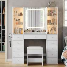 FUSOU Makeup Vanity Desk With Charging Station, LED Mirror, And 2 Glass Cabinets, 11 Drawers Vanity With 3 Color Modes, Adjustable Brightness, Glass Top Dressing Table For Bedroom - 白色 - 查看 10