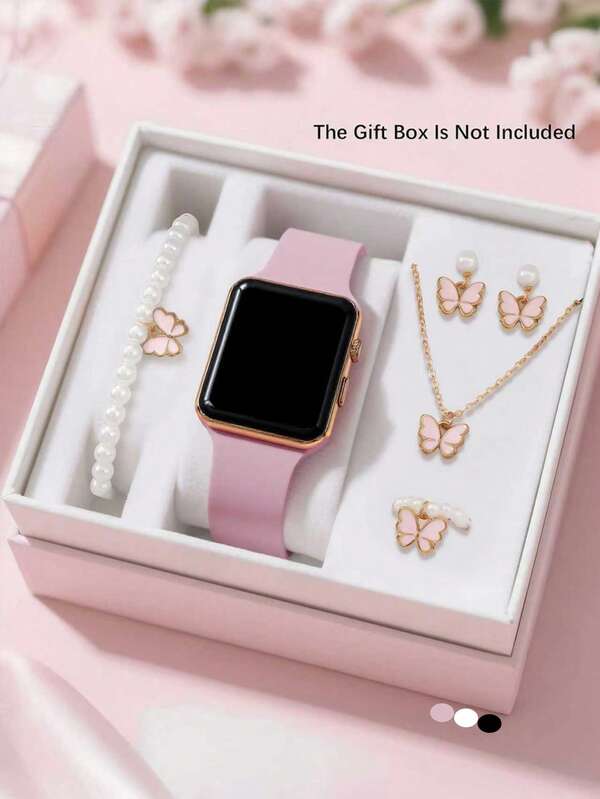 6pcs Women's Fashion Minimalist Elegant LED Digital Display Electronic Watches, Suitable For Daily Wear, Can Be Matched With Pearl Necklace, Bracelet, Ring, Earring Jewelry Sets, Perfect For Gatherings, Vacations, Travels, Parties, Birthdays, Holidays, Ramadan, Weddings, Valentine's Day Gifts For Her