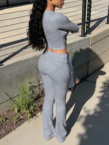 女士休闲圆领长袖T恤长裤套装，春季百搭单品 - 深灰色 - 查看 7