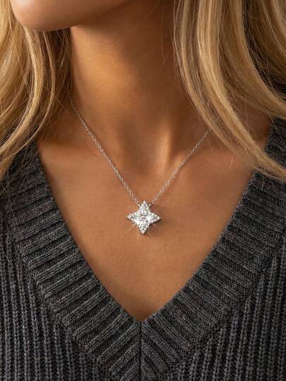 1pc Sparkling Zirconia Studded Star Pendant Necklace, Luxurious Neck Ornament