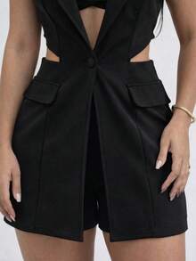 TETE FASHION Macaquinho Jardineira Colete Blazer Cropped Top Montaria Feminino 9151 - Preto - Visão 5