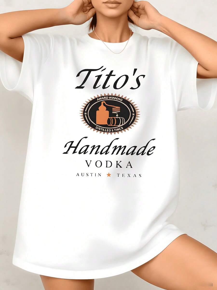 Women's Black Distilled Graphic Print T Shirt Tito's Handmade Vodka Austin Texas 100% Cotton Round Neck Tee Relaxed Fit Casual Style 1pcs They Are Excellent Gifts For Friends And Family - 白色 - 查看 1