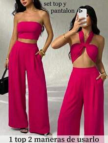 Set top convertible y pantalón mujer elegante dos piezas versátil cómodo moderno fresco corte alto un top dos maneras de usarlo primaveraverano - Rosa Fucsia - Ver 1
