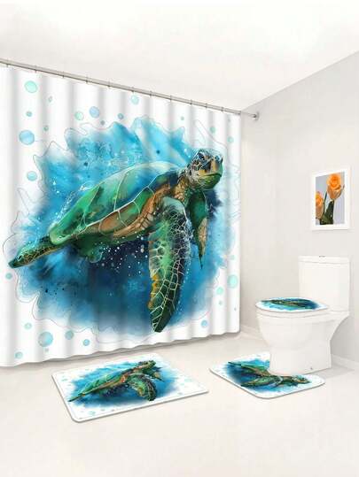 1/4 Pcs Blue Dreamy Sea Turtle Printed Waterproof Shower Curtain, Bathroom Decor Set With Ocean Elements, Includes Bath Mat, Toilet U-Shape Mat, Curtain Hooks, Modern Home Bathroom Decoration, Washable Polyester Fabric