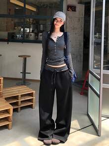 韩版条纹T恤打底衫，修身长袖上衣，休闲春季款 - 灰色 - 查看 9