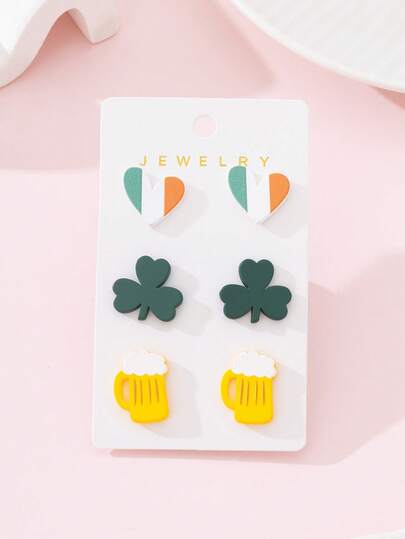 3 Pairs/Set St. Patrick's Day Clover Beer Cup Enamel Faux Ceramic Texture Design Women Fashion Jewelry Earrings Set, Perfect Decoration For Holiday Party