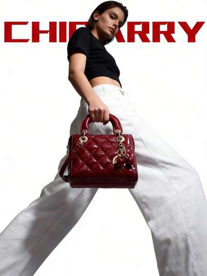 Burgundy Red Quilted Plaid Fashionable Elegant Handbag With Cherry Pendant, Rivet Decoration, Zipper Closure, Polyester Lining, Designer Style, Suitable For College Students, Casual Street Fashion Crossbody Bag, Suitable For Shopping, Vacation, Travel, Photography, Party, Beach