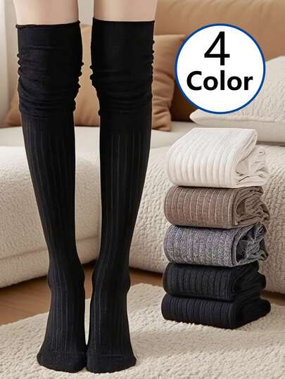 4 双装女士过膝袜，罗纹针织过膝袜，保暖柔软休闲袜，4 种颜色可选（黑色、灰色、棕色、米色），弹性舒适，适合日常穿着、办公室和冬季户外活动，保暖舒适。