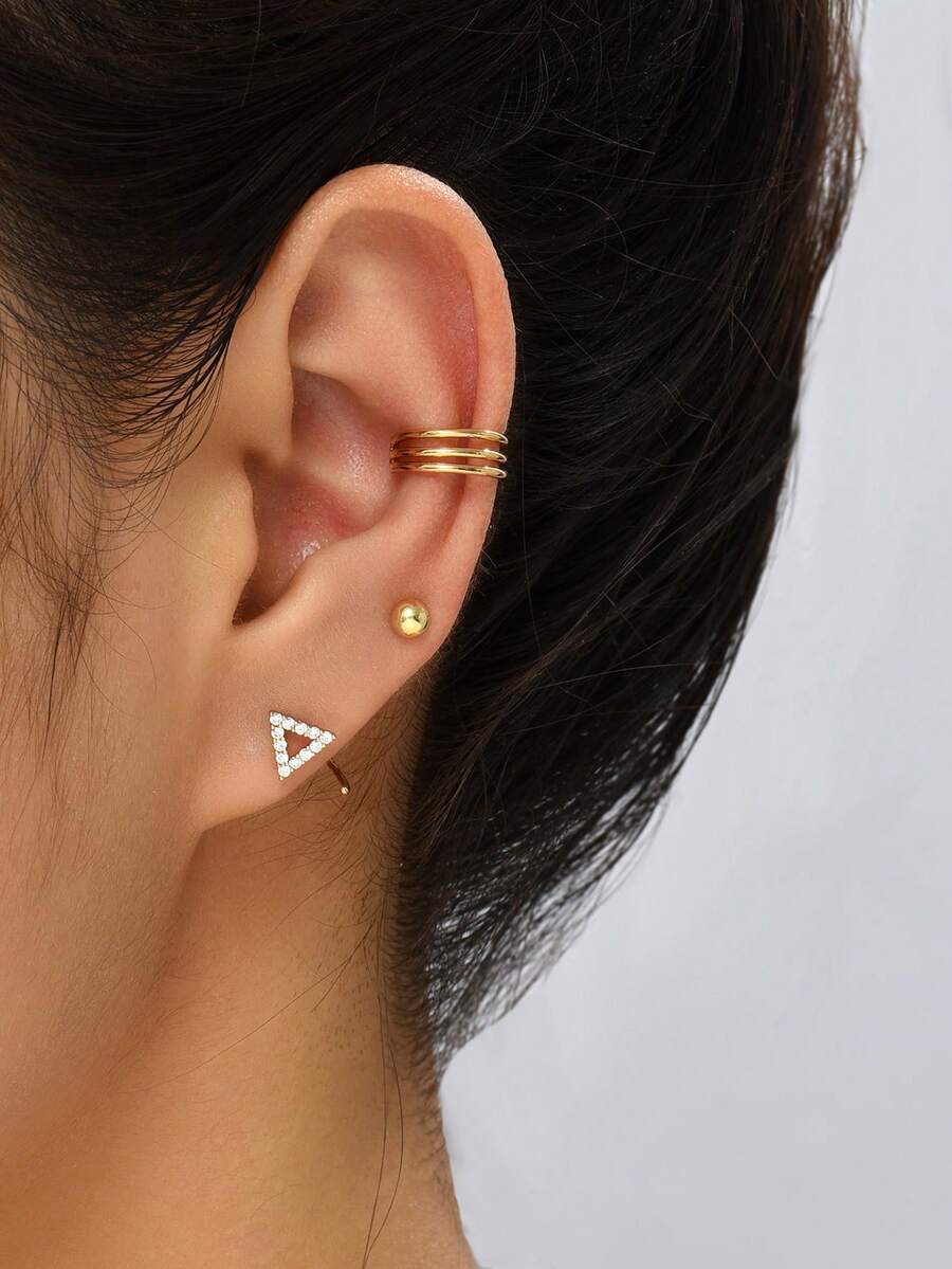 3 piezas Pendientes de aro triangulares de cobre para mujer - Amarillo Oro - Ver 1