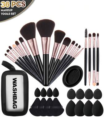 36-Piece Makeup Brush And Beauty Sponge Set: Includes 18 Makeup Brushes (For Setting Powder, Blush, Highlighter, And Eyeshadow), 8 Ultra-Soft, Non-Absorbent Beauty Sponges, 8 Portable Powder Puffs (Thumb-Shaped And Triangular), A Brush-Cleaning Bowl, And A Compact, Letter-Printed Cosmetic Bag-Ideal For Setting Powder Application, Gentle On Skin, And Convenient For Storage And Travel.